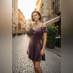 American Eagle Velvet Dress Pewter Brown Romantic Off the Shoulder Holiday Party